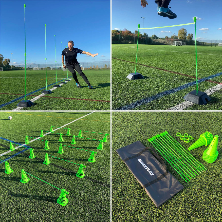 PRO Speed & Agility Set collage: slalom poles, a jump over a band, a cone and pole hurdle grid, and the kit with a black QUICKPLAY bag.