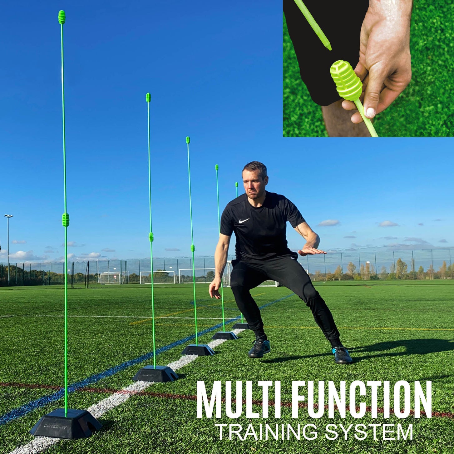 Man side-stepping past green PRO Speed & Agility Set poles on an artificial pitch, with an inset of a pole clip and the text "Multi function training system".