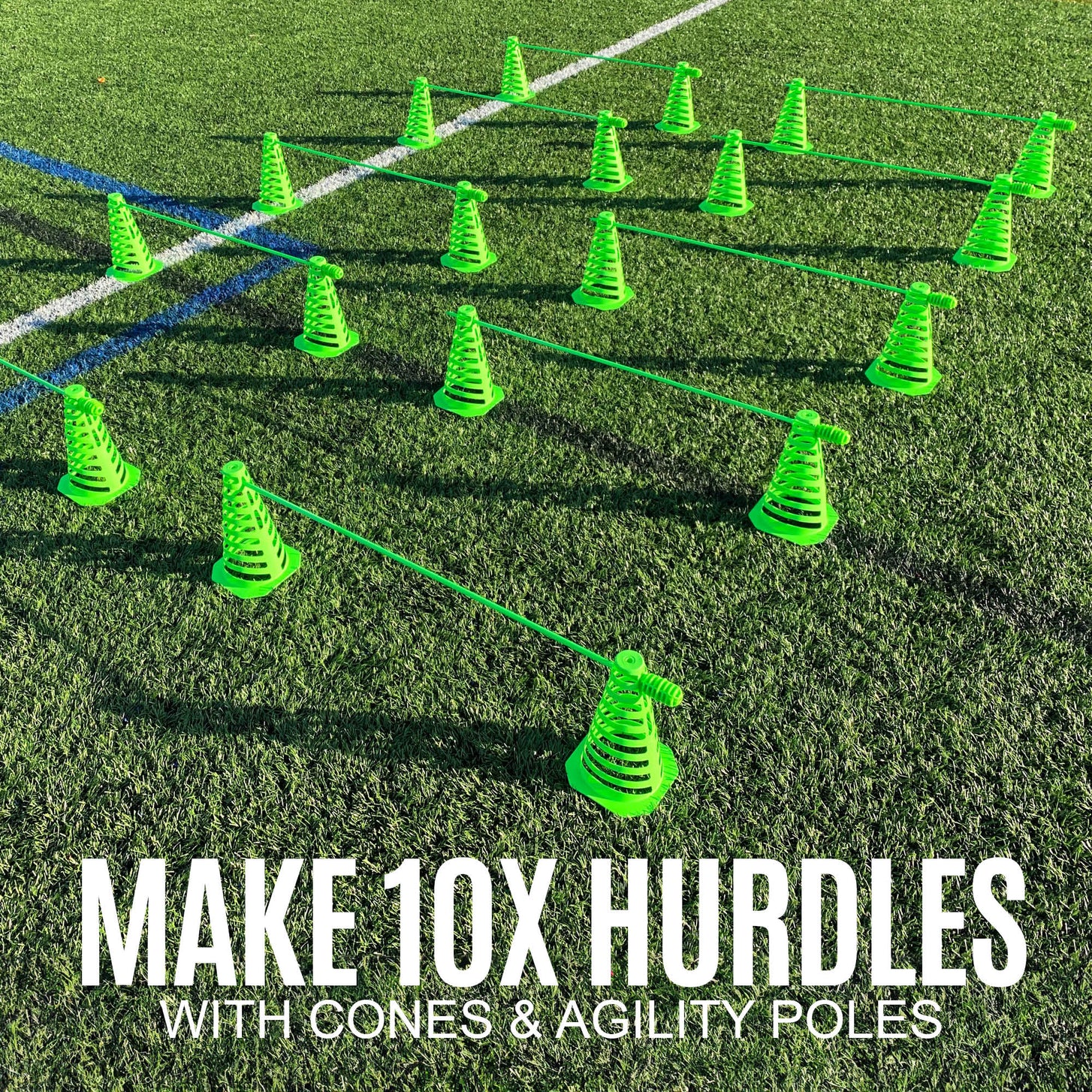 PRO Speed & Agility Set green slotted cones joined by poles as hurdles on artificial grass, with the text "Make 10x hurdles".