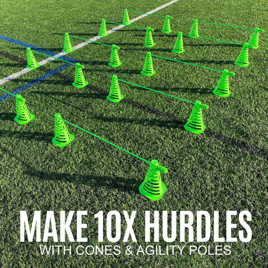 PRO Speed & Agility Set green slotted cones joined by poles as hurdles on artificial grass, with the text "Make 10x hurdles".
