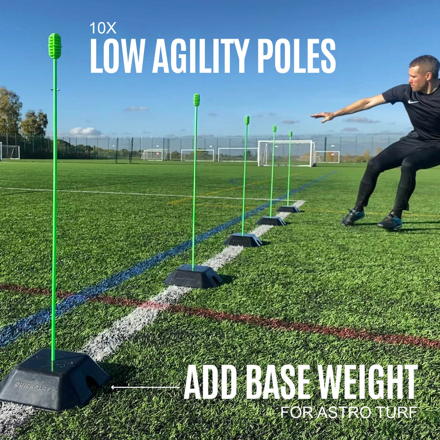 Man side-stepping past green poles in black bases, with the text "10x low agility poles" and "Add base weight for astro turf".