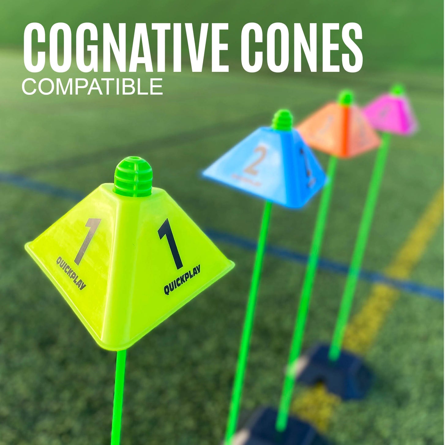 Numbered Cognitive Cones fitted on top of PRO Speed & Agility Set green poles, with the text "Cognitive cones compatible".