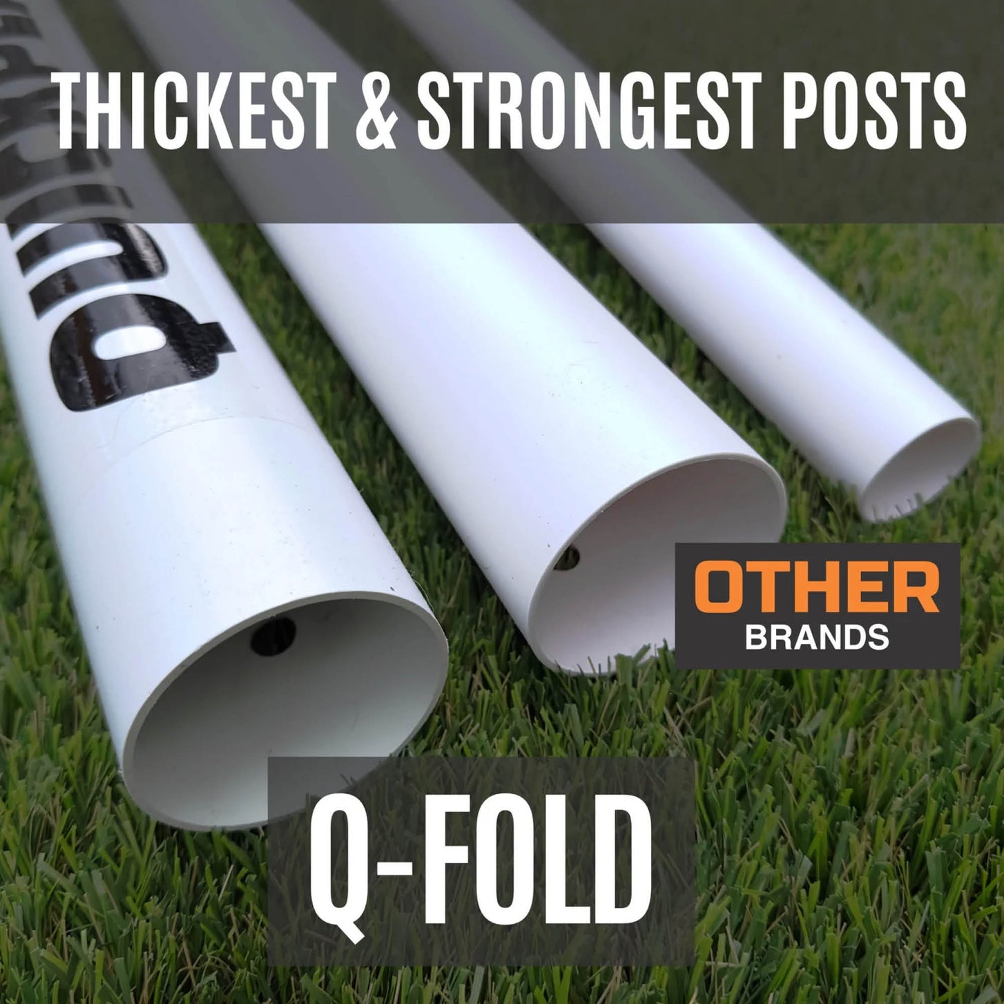 Q-FOLD Match 16x7' post beside thinner posts labelled "Other brands".