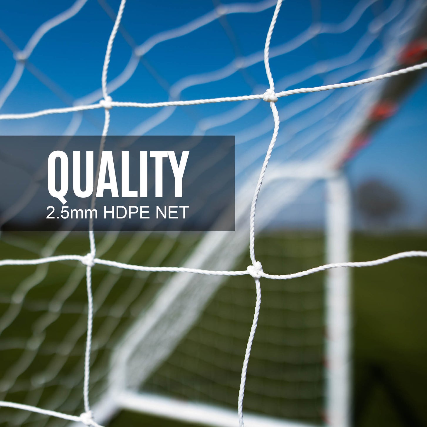 Q-FOLD Match 8x5' white net close up against a blue sky, with the text "Quality 2.5mm HDPE net".