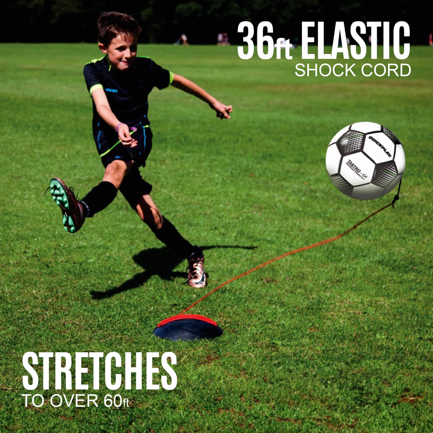 Boy kicking the REPLAY Football Trainer Size 5 on a cord, with the text "36ft elastic shock cord, stretches to over 60ft".