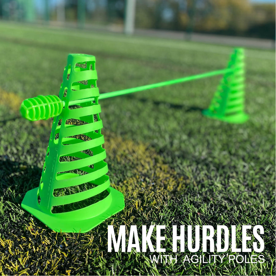 Two green 9" collapsible cones holding a green agility pole as a hurdle, with the text "Make hurdles with agility poles".