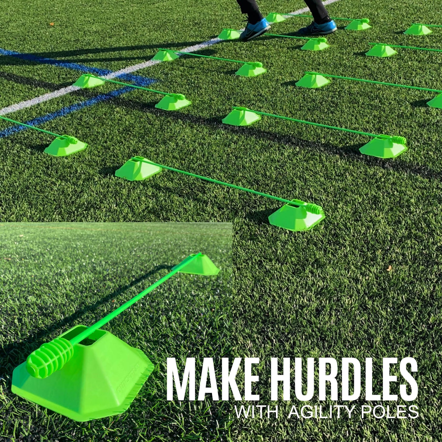 Green Standard Cones with agility poles laid across them as low hurdles, with the text "Make hurdles with agility poles".