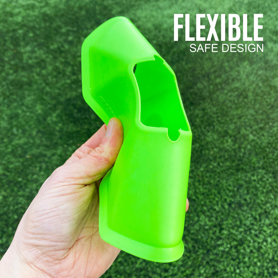 Hand bending a green Standard Cone to show it flex, with the text "Flexible safe design".