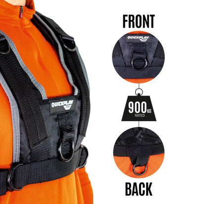 Utility Harness for Weight Sleds on an orange top with close-ups of the front and back rings, with the text "900kg rated".