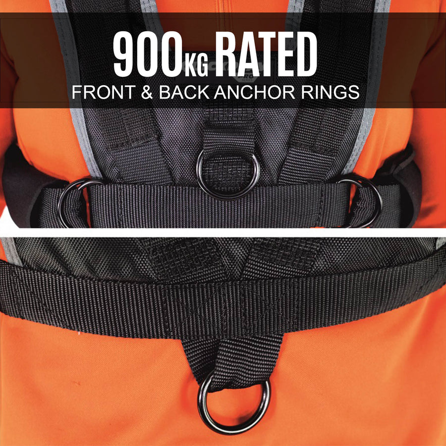 Utility Harness for Weight Sleds front and back ring close-ups, with the text "900kg rated, front & back anchor rings".