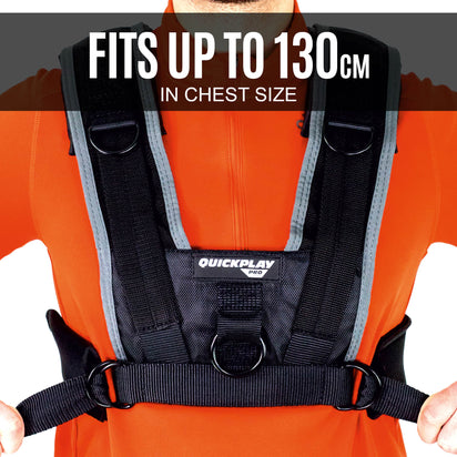 Utility Harness for Weight Sleds worn over an orange top, hands holding the waist belt, with the text "Fits up to 130cm in chest size".