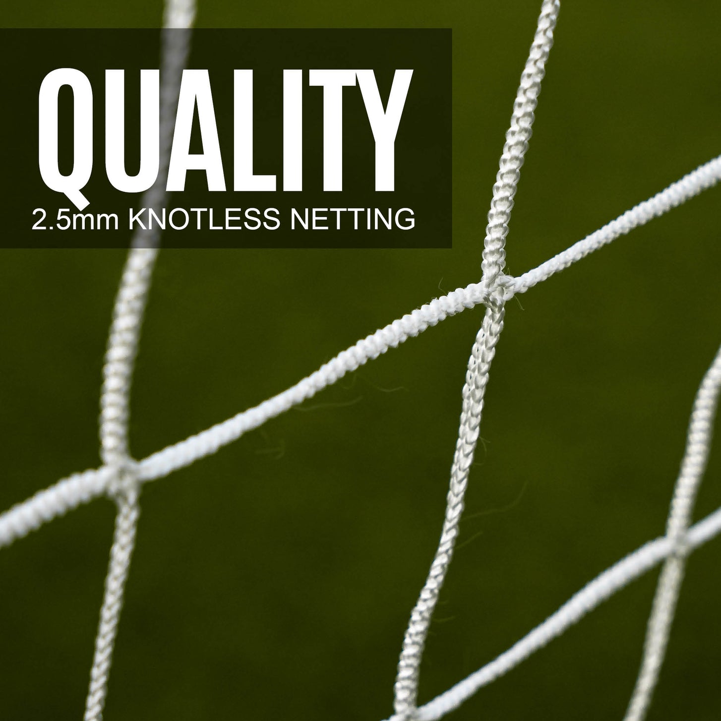 GS Series 12x6' white net close up on a green background, with the text "Quality 2.5mm knotless netting".