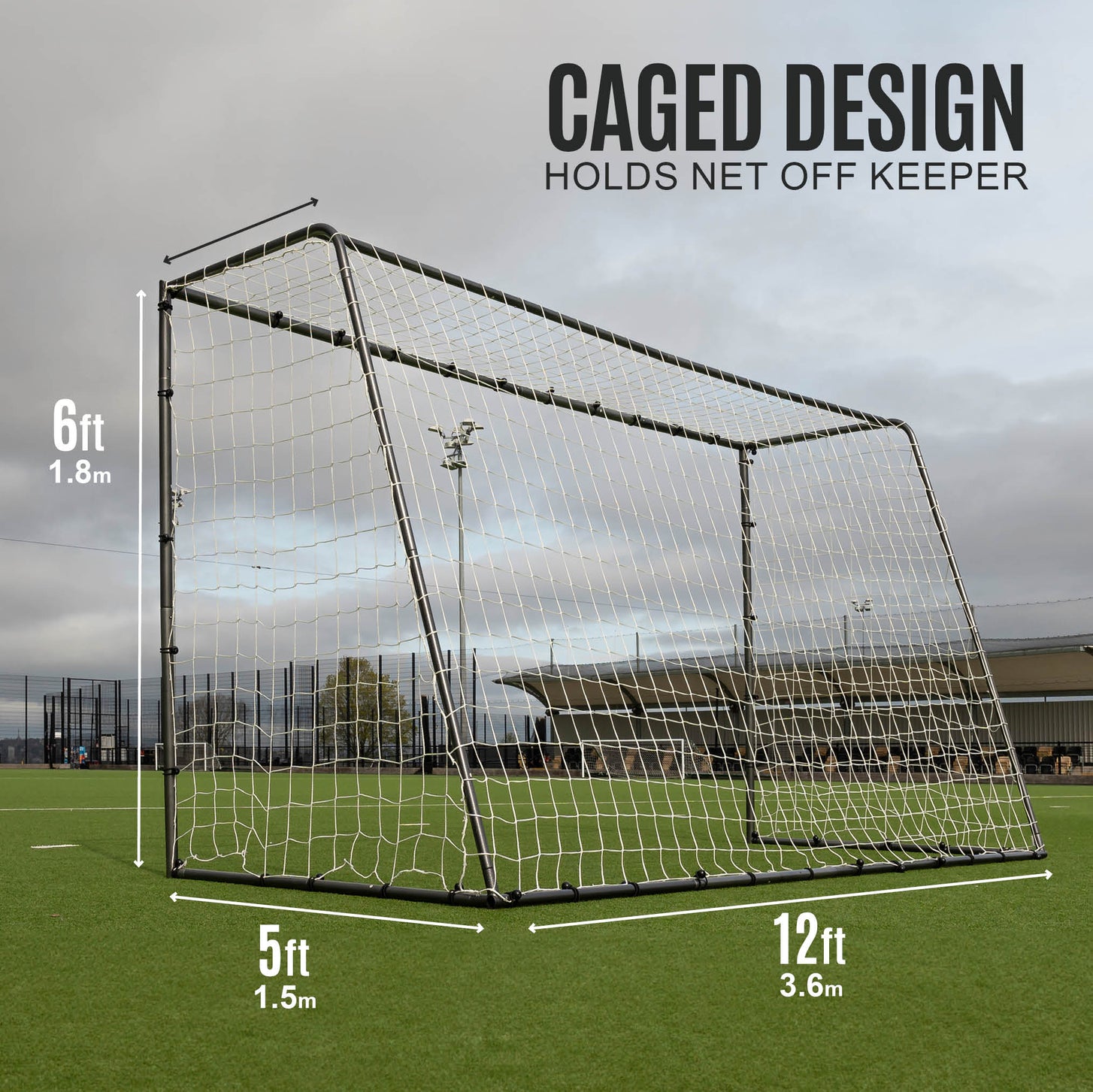 GS Series Football Goal 12x6' size chart: 12ft (3.6m) wide, 6ft (1.8m) high, 5ft (1.5m) deep, with the text "Caged design".