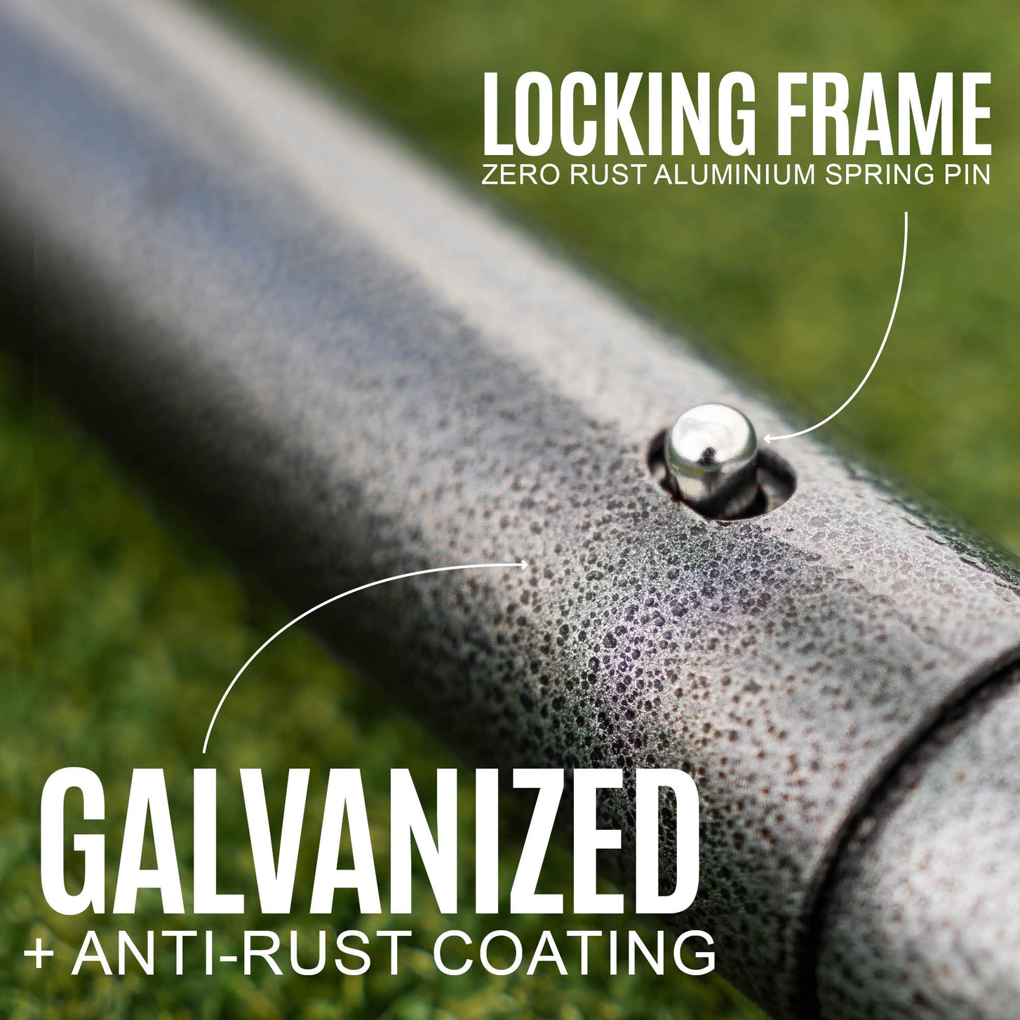 GS Series 16x7' frame close up showing a metal spring pin, with the text "Locking frame" and "Galvanised + anti-rust coating".