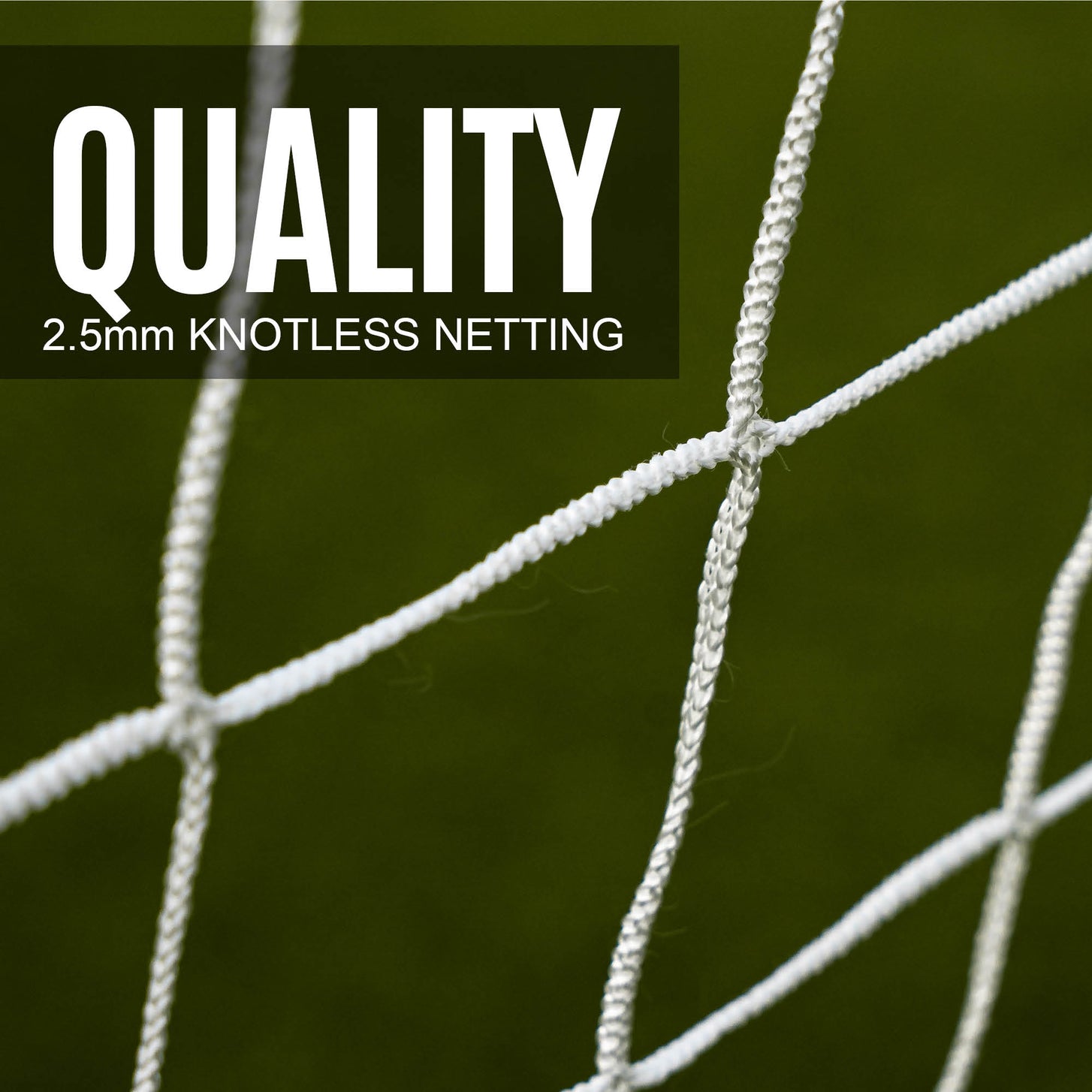GS Series 16x7' white net close up on a green background, with the text "Quality 2.5mm knotless netting".