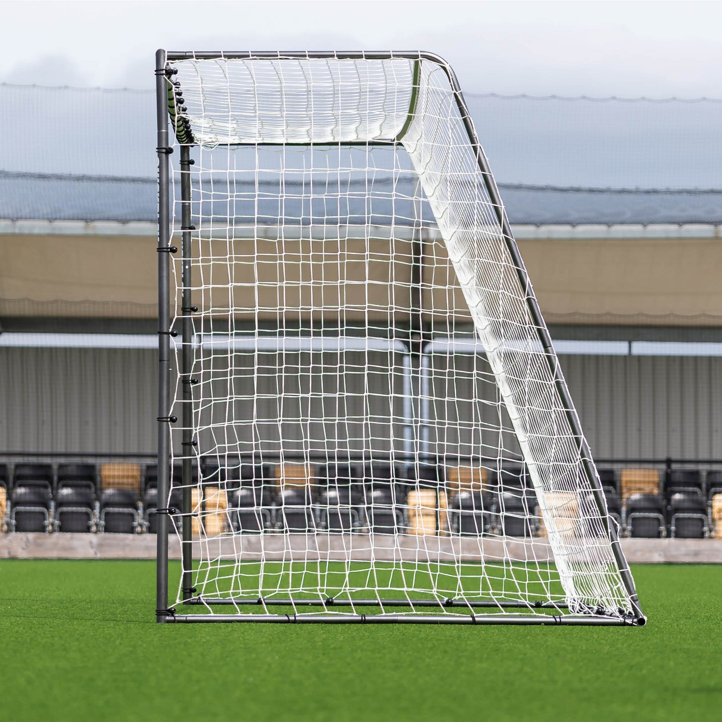 GS Series Football Goal 16x7' side view showing the black frame and the white net held out at the back.