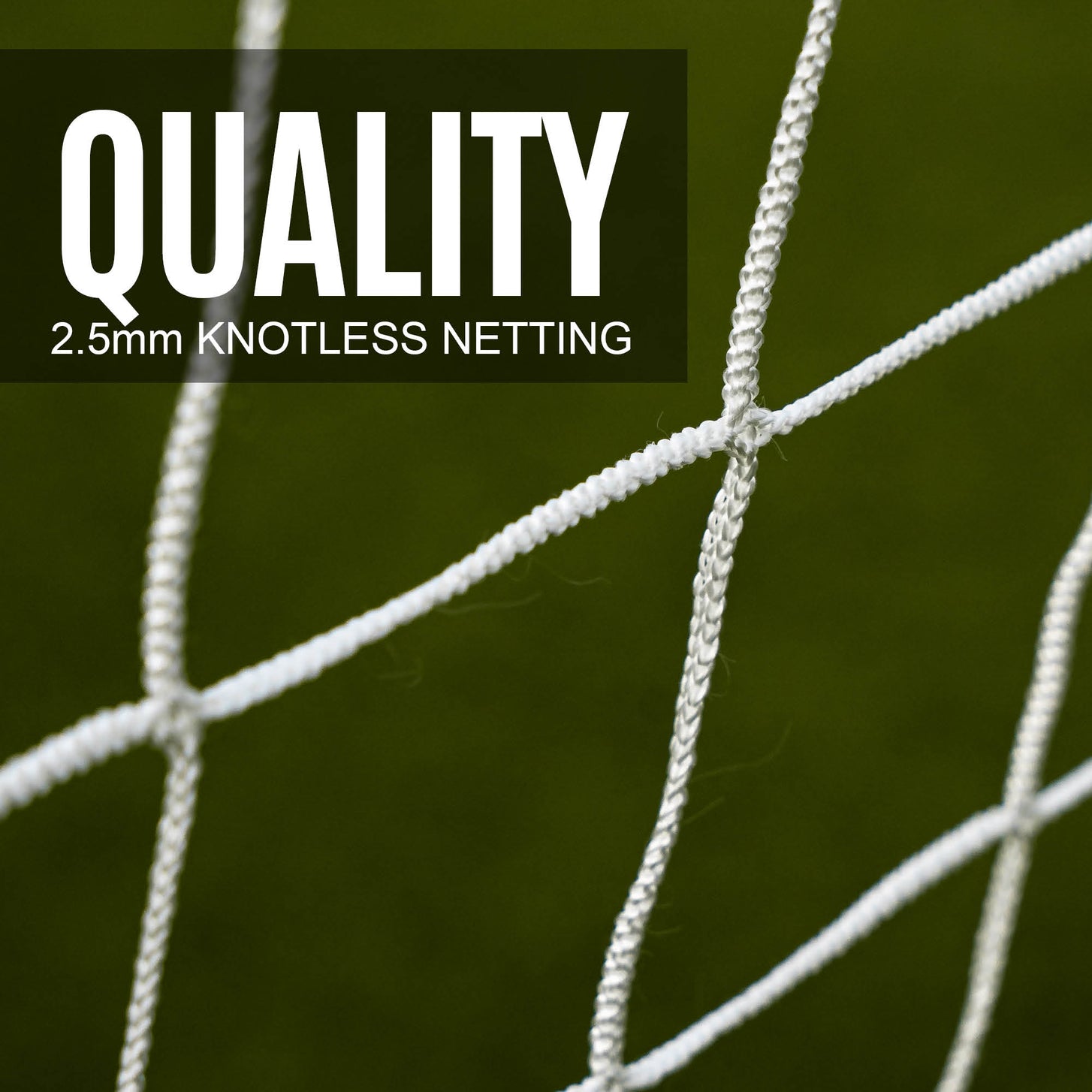 GS Series Futsal Goal 3x2m white net close up on a green background, with the text "Quality 2.5mm knotless netting".