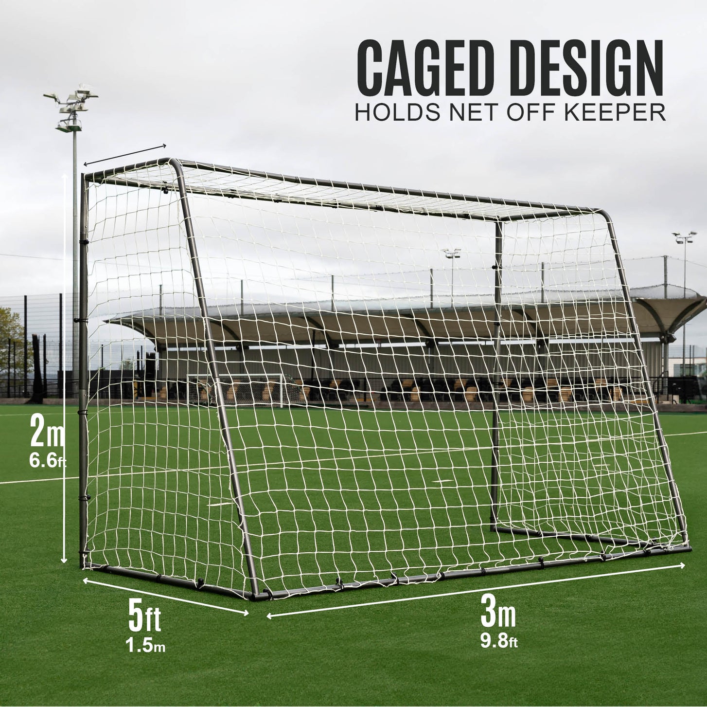 GS Series Futsal Goal 3x2m size chart: 3m (9.8ft) wide, 2m (6.6ft) high, 5ft (1.5m) deep, with the text "Caged design".
