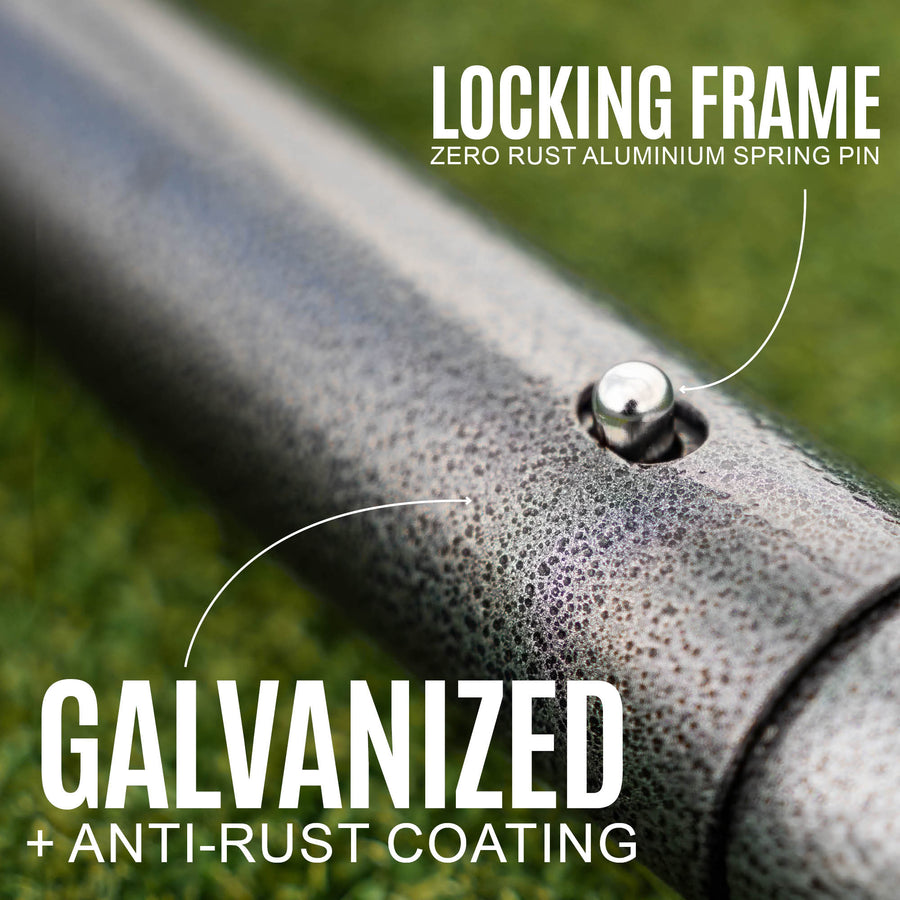 GS Series Football Goal 6x4' spring pin close up on the frame, with the text "Locking frame" and "Galvanised + anti-rust coating".