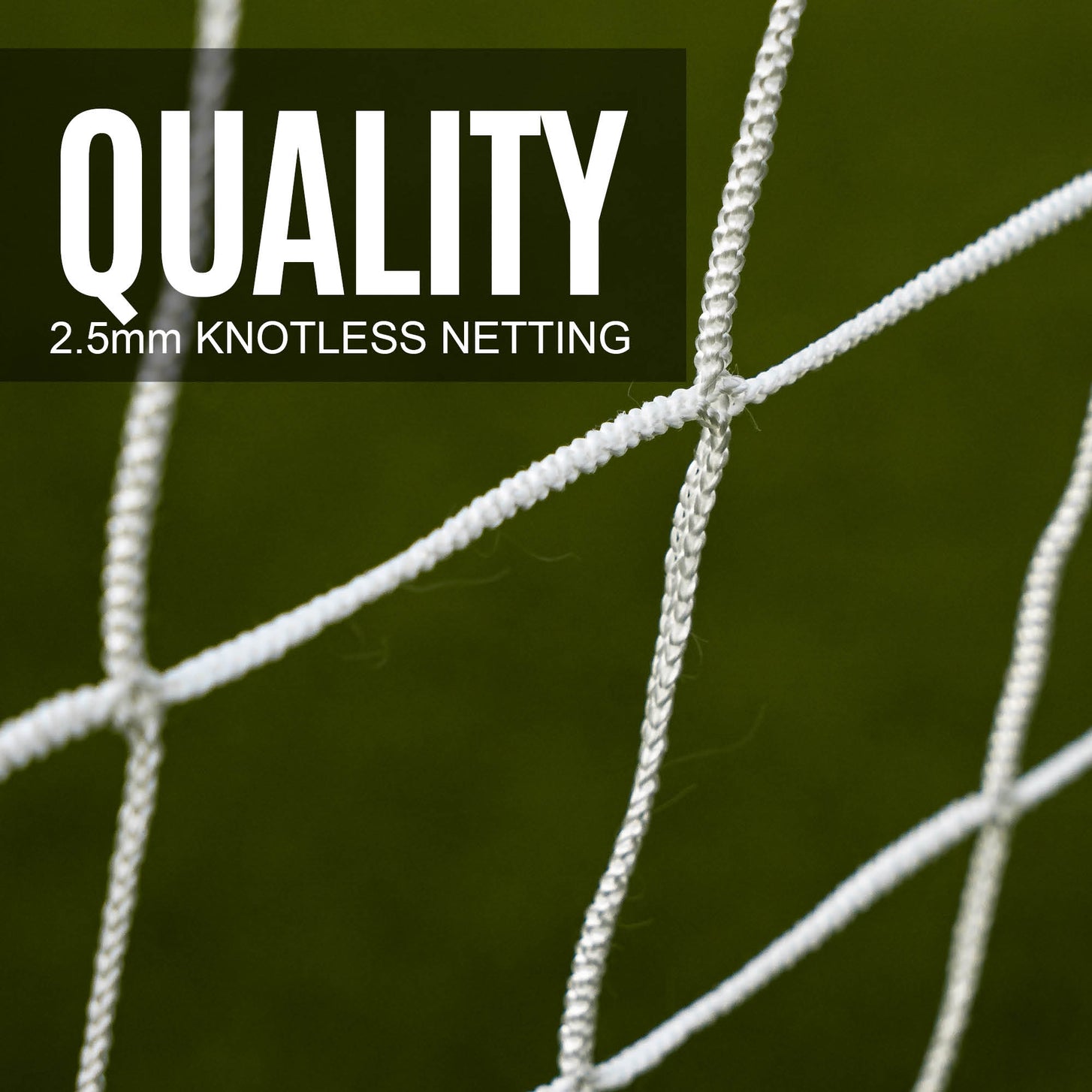 GS Series Football Goal 6x4' white net close up, with the text "Quality, 2.5mm knotless netting".