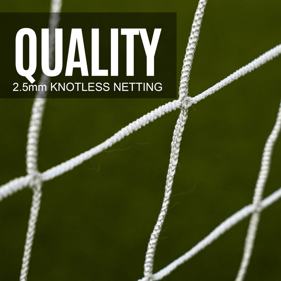 GS Series Football Goal 6x4' white net close up, with the text "Quality, 2.5mm knotless netting".