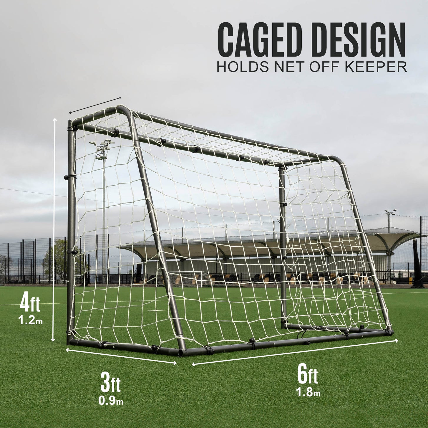 GS Series Football Goal 6x4' size chart: 6ft wide, 4ft high, 3ft deep, with the text "Caged design, holds net off keeper".