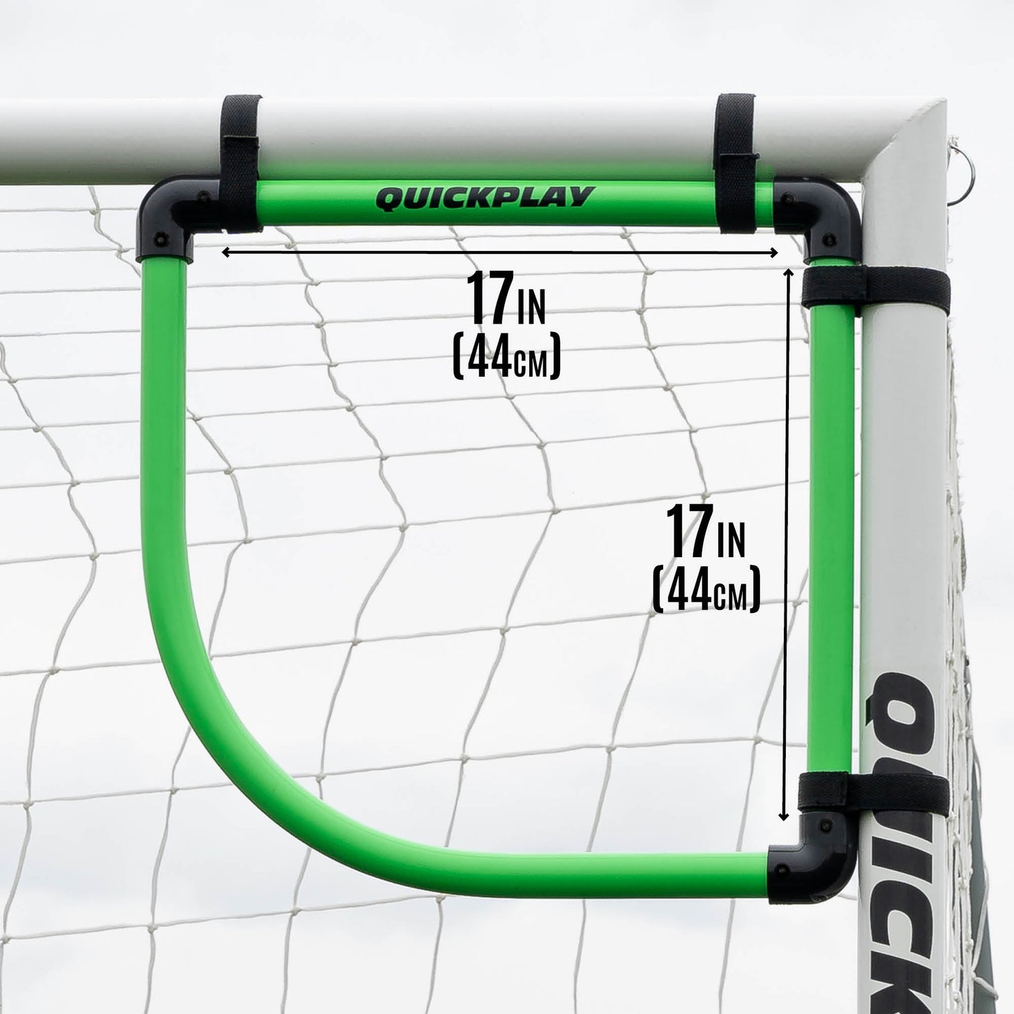 Goal Corner Target Frame size graphic: 17in (44cm) wide and 17in (44cm) high, fixed in the top corner of a goal.