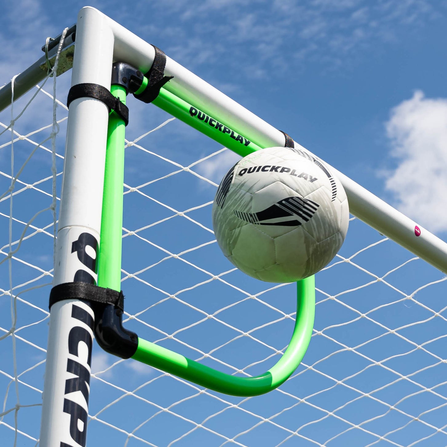 Ball passing through a Goal Corner Target Frame in the top corner of a goal.