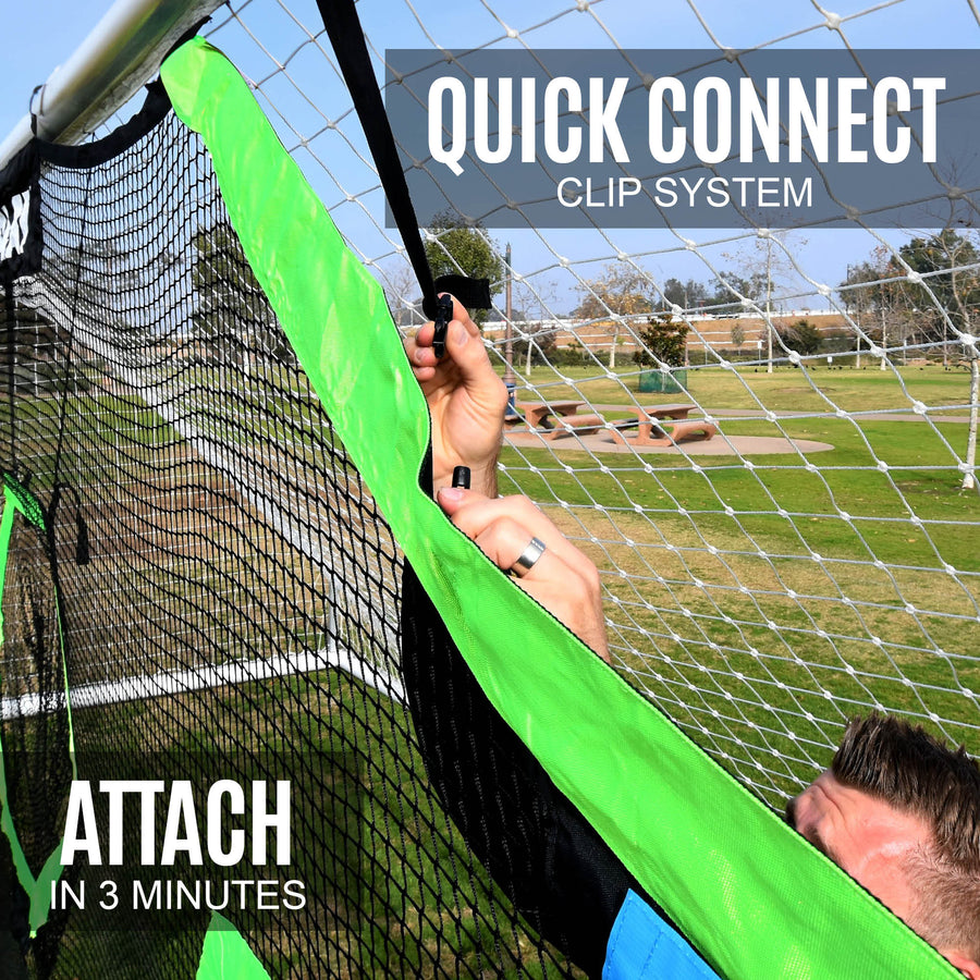 Man clipping the green edge of the TARGET Net Pro 24x8' target net to a goal frame, with the text "Quick connect clip system".