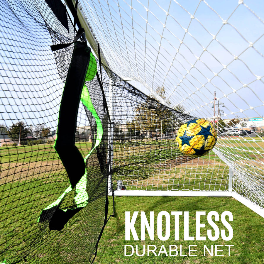 Ball hitting the netting beside a TARGET Net Pro 24x8' target pocket, seen from inside the goal, with the text "Knotless durable net".