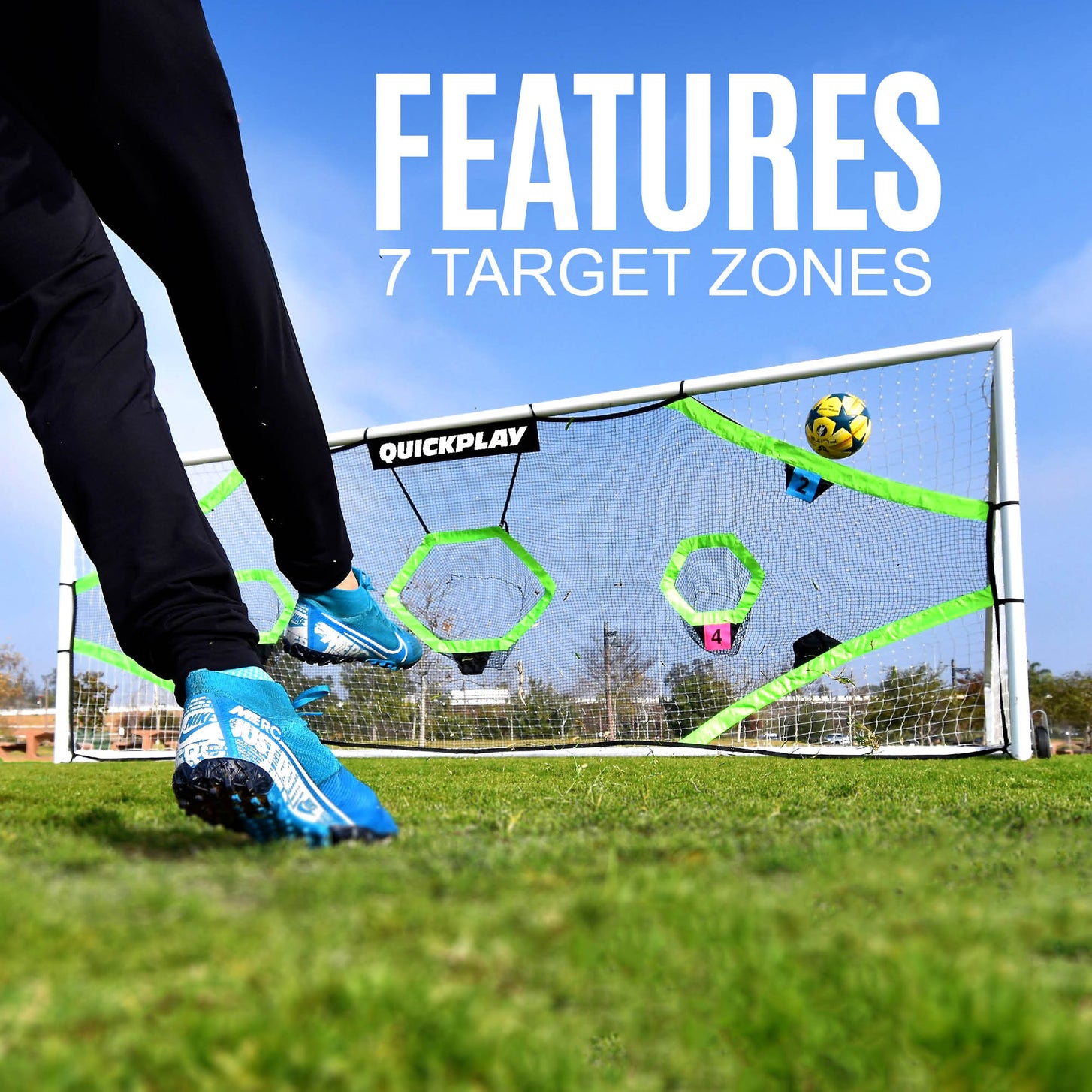 Player striking a ball at the TARGET Net Pro 24x8' target net on a full size goal, with the text "7 target zones".