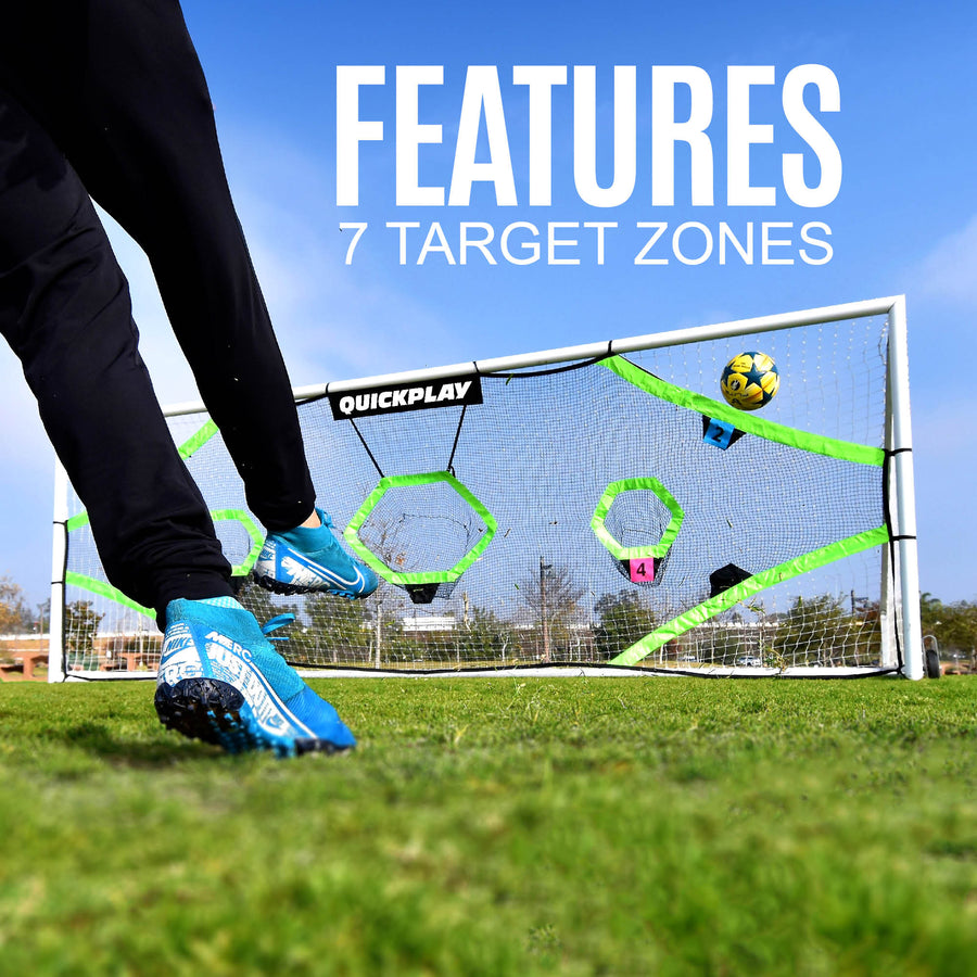 Player striking a ball at the TARGET Net Pro 24x8' target net on a full size goal, with the text "7 target zones".