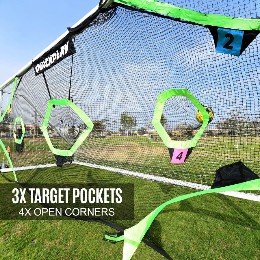 TARGET Net Pro 24x8' close up of the green target rings and numbered tabs 2 and 4, with the text "3x target pockets, 4x open corners".