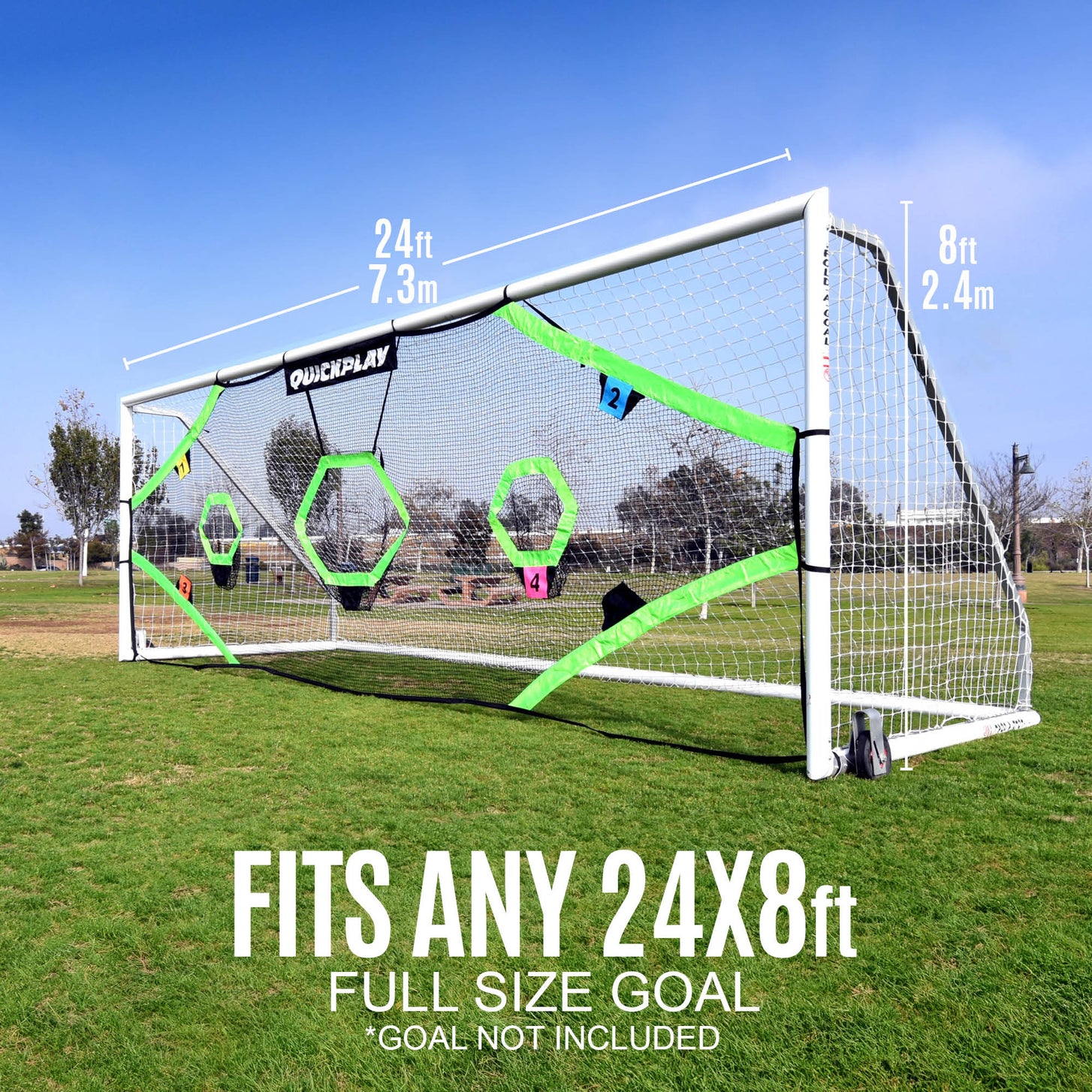 TARGET Net Pro 24x8' target net on a full size goal with 24ft (7.3m) wide and 8ft (2.4m) high marked, goal not included.
