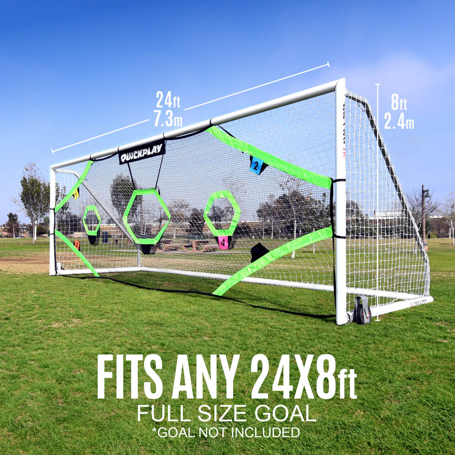 TARGET Net Pro 24x8' target net on a full size goal with 24ft (7.3m) wide and 8ft (2.4m) high marked, goal not included.