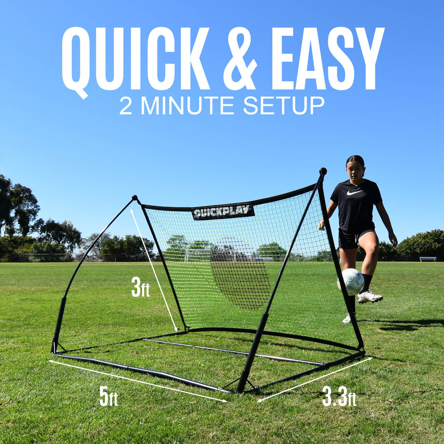 Player juggling a ball beside the TEKKERS Net 5x3' rebounder on grass, with 5ft wide, 3ft high and 3.3ft deep marked.