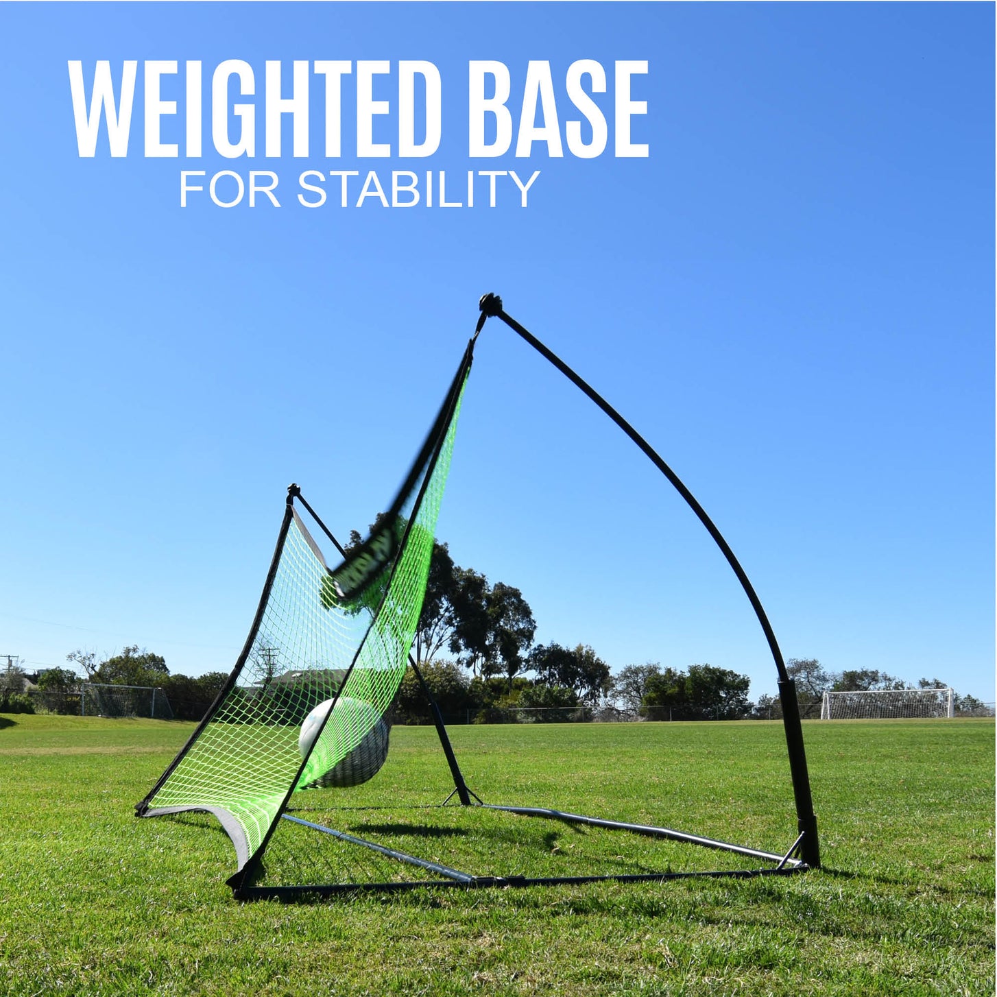 TEKKERS Net 5x3' side view on grass with a ball hitting the net, with the text "Weighted base for stability".