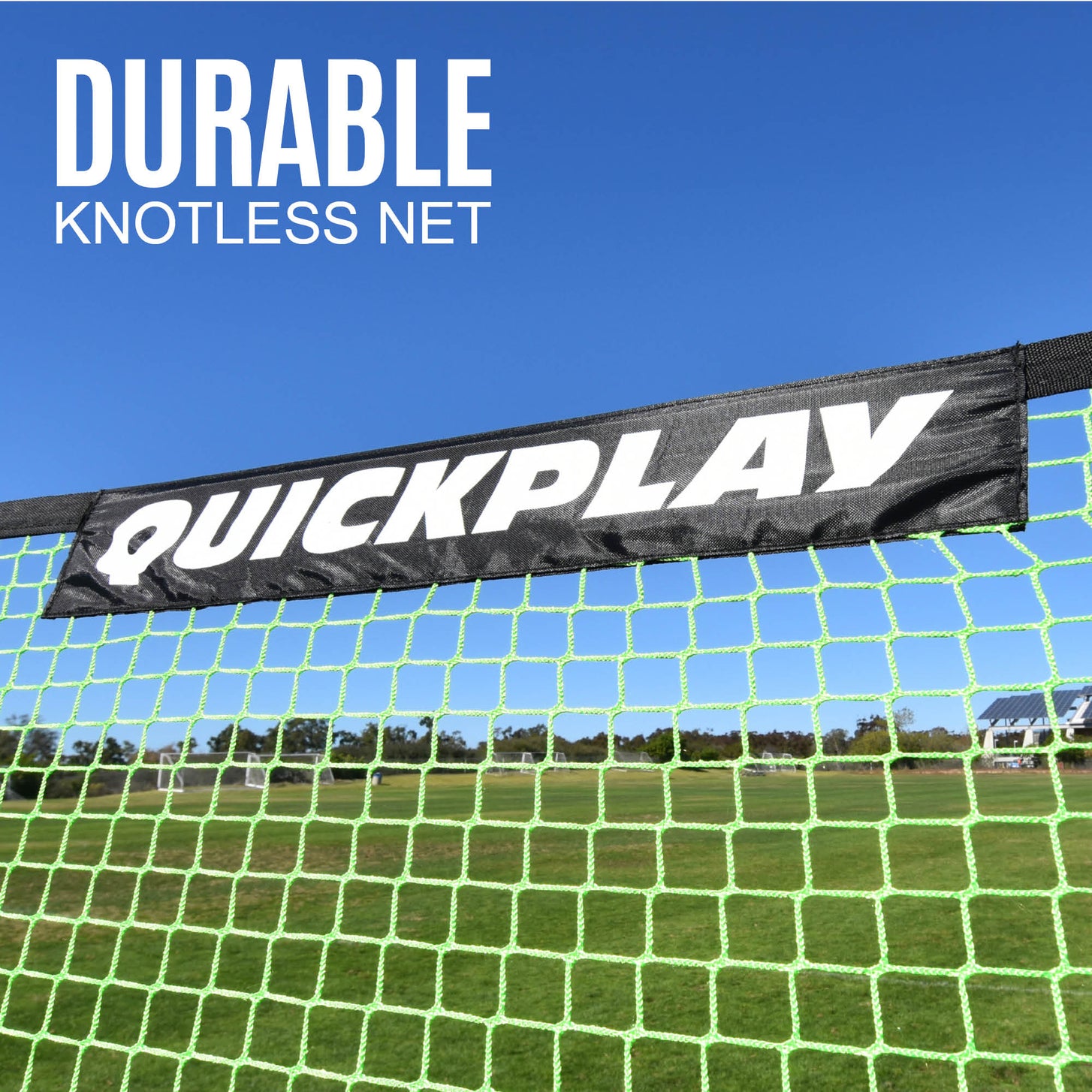 TEKKERS Net 5x3' close up of the green net and black QUICKPLAY top banner against a blue sky, with the text "Durable knotless net".