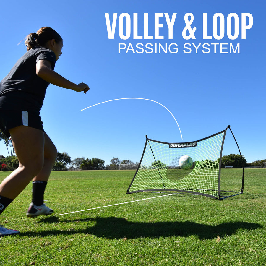 Player volleying a ball back to herself off the TEKKERS Net 5x3' rebounder on grass, with the text "Volley & loop passing system".