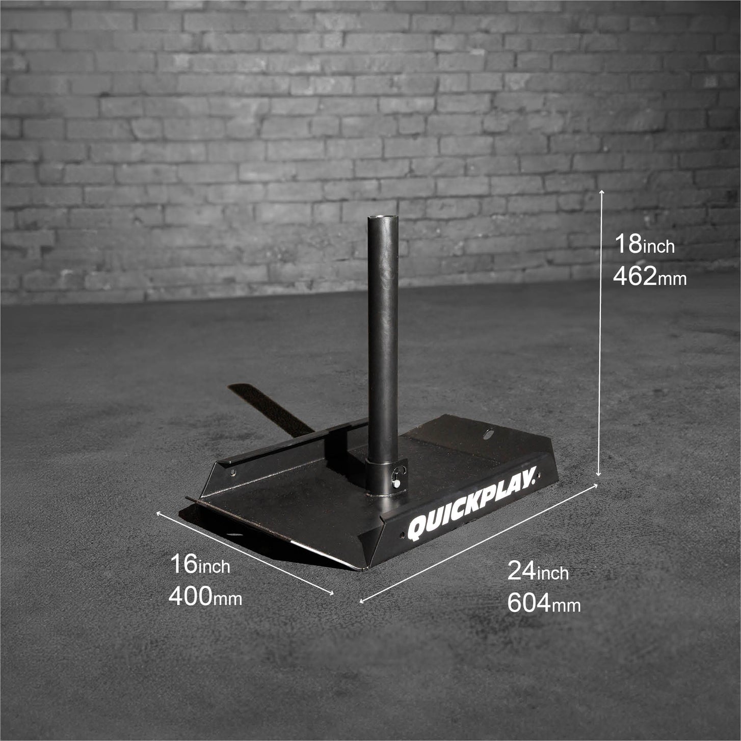 Pull Speed Sled size chart: 18inch (462mm) tall, with a base of 24inch (604mm) by 16inch (400mm).