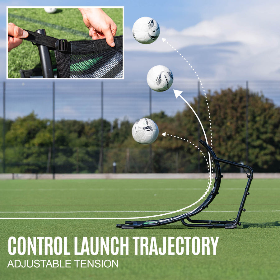 Football rebounder on a football pitch with text 'Control Launch Trajectory' and 'Adjustable Tension'.