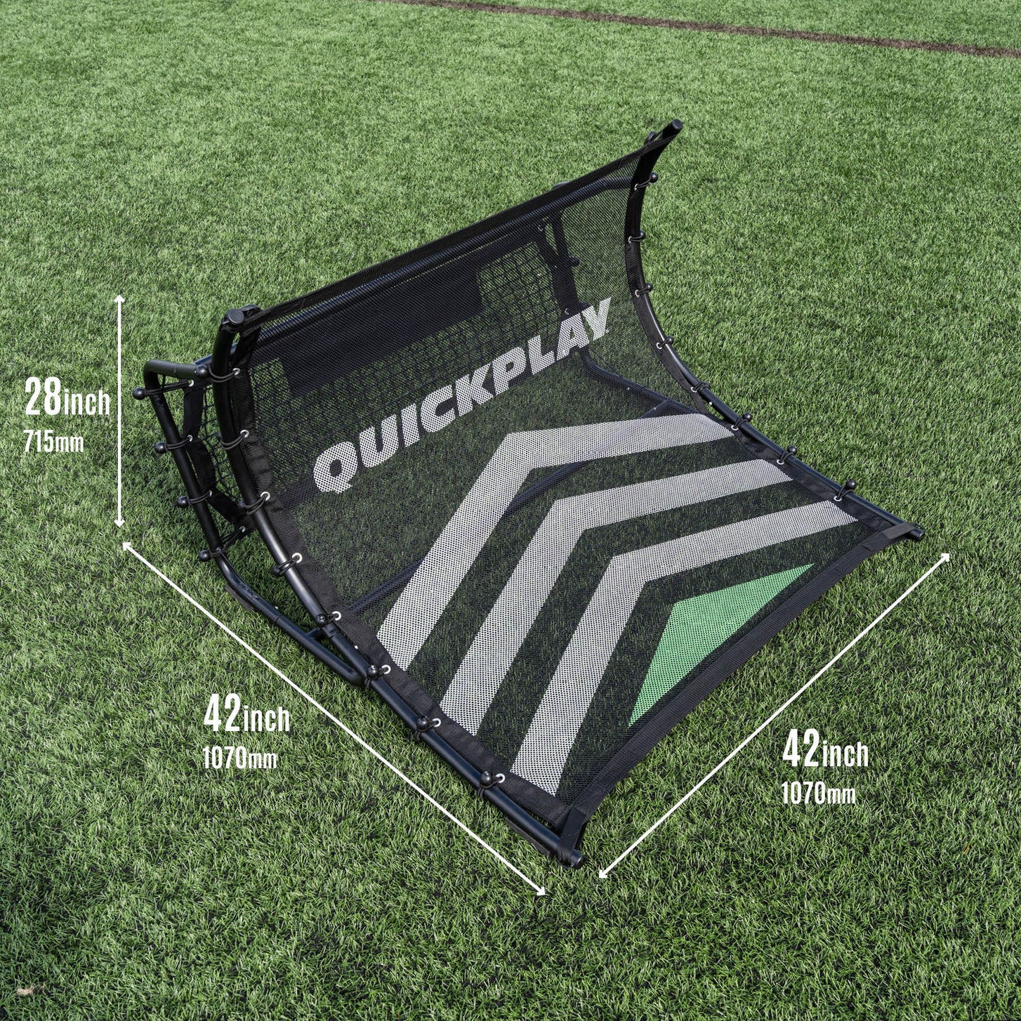 QuickPlay sports training rebounder with dimensions on a grass background