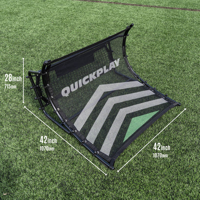 QuickPlay sports training rebounder with dimensions on a grass background
