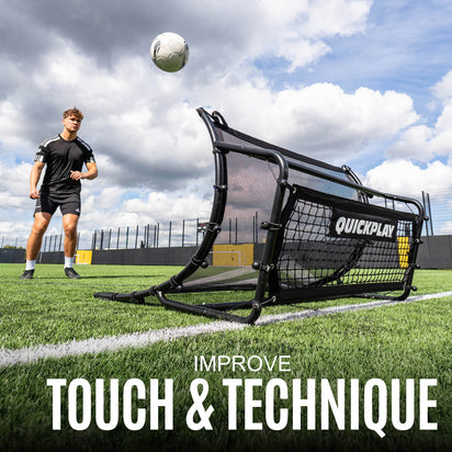 Person on a football pitch with a rebounder and 'Quickplay' branding, promoting improved touch and technique.