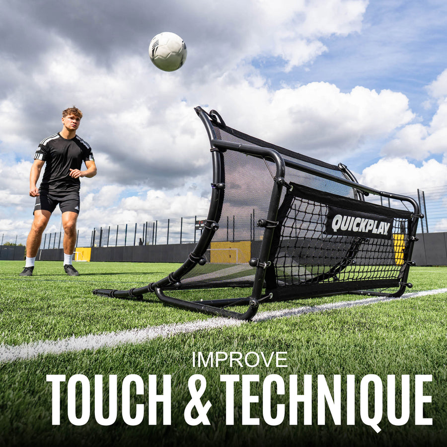 Person on a football pitch with a rebounder and 'Quickplay' branding, promoting improved touch and technique.