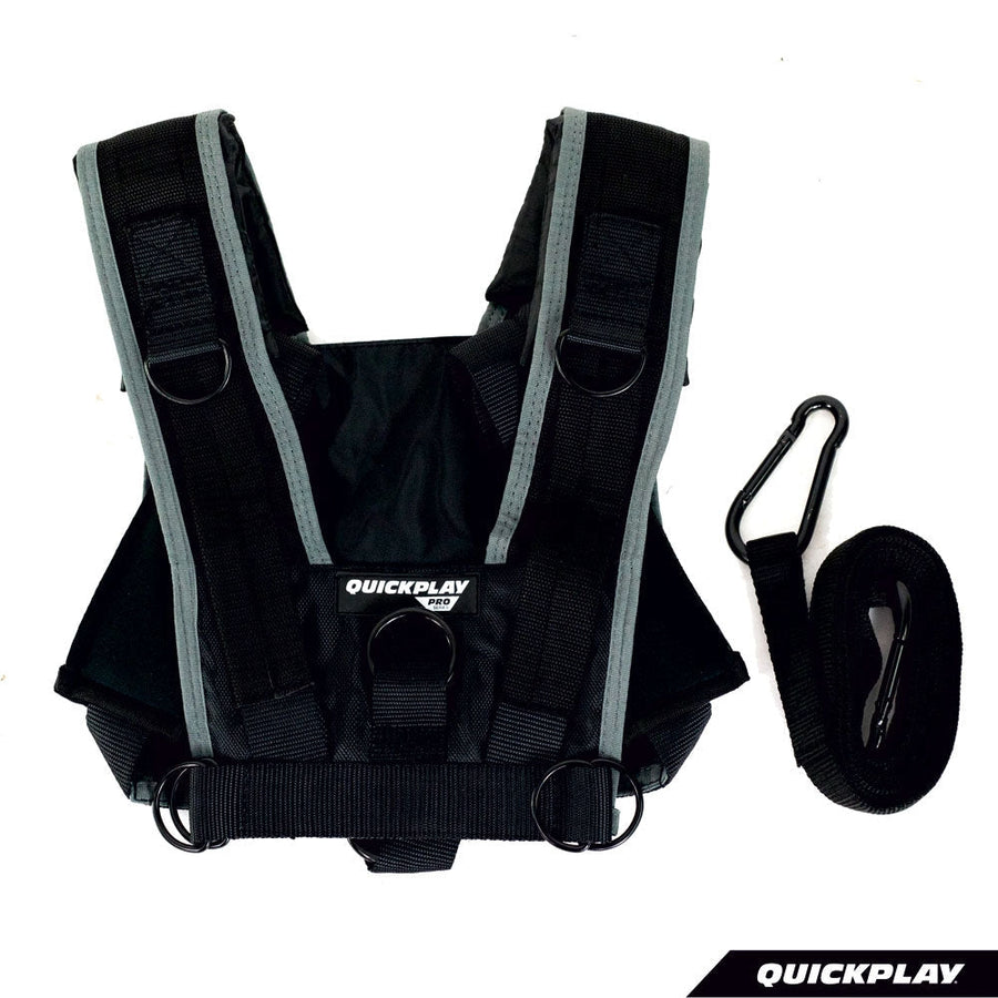 Utility Harness for Weight Sleds laid flat on a white background beside a separate black strap with a black clip.