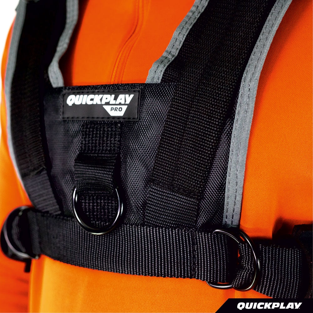 Utility Harness for Weight Sleds close-up of the QUICKPLAY PRO chest panel, front ring and waist belt, worn over an orange top.