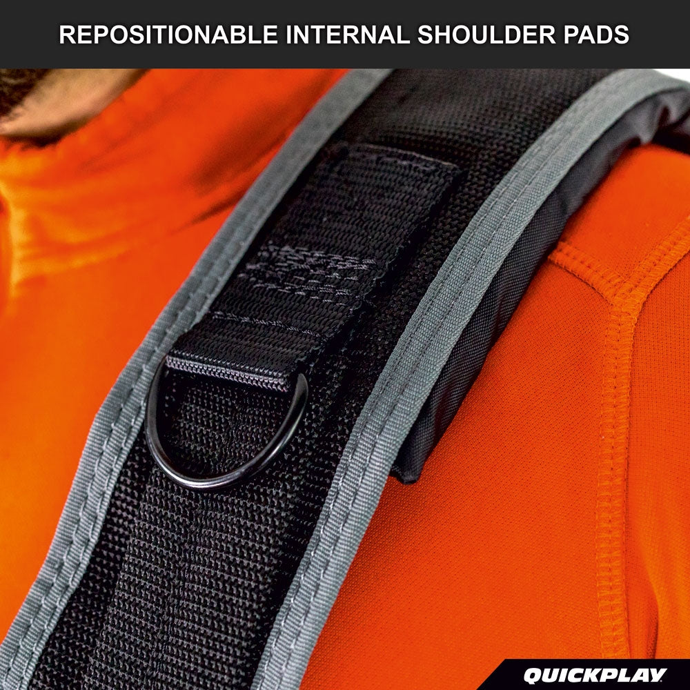 Utility Harness for Weight Sleds shoulder strap close-up with a D-ring, with the text "Repositionable internal shoulder pads".