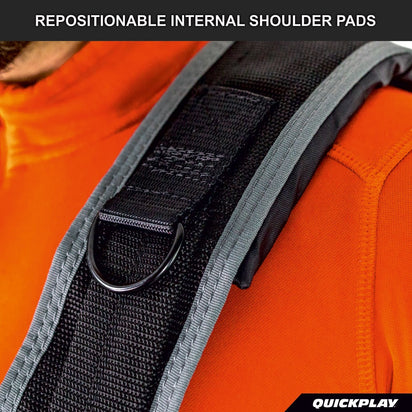 Utility Harness for Weight Sleds shoulder strap close-up with a D-ring, with the text "Repositionable internal shoulder pads".