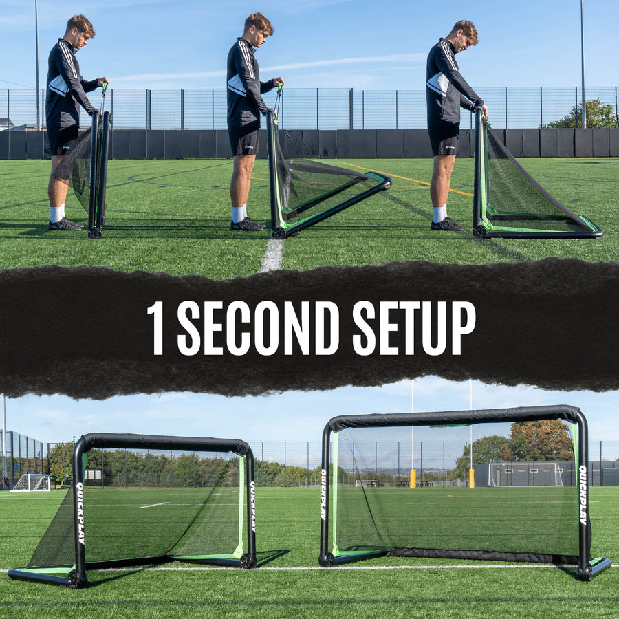 person setting up a portable football goal on a field with text '1 Second Setup'.